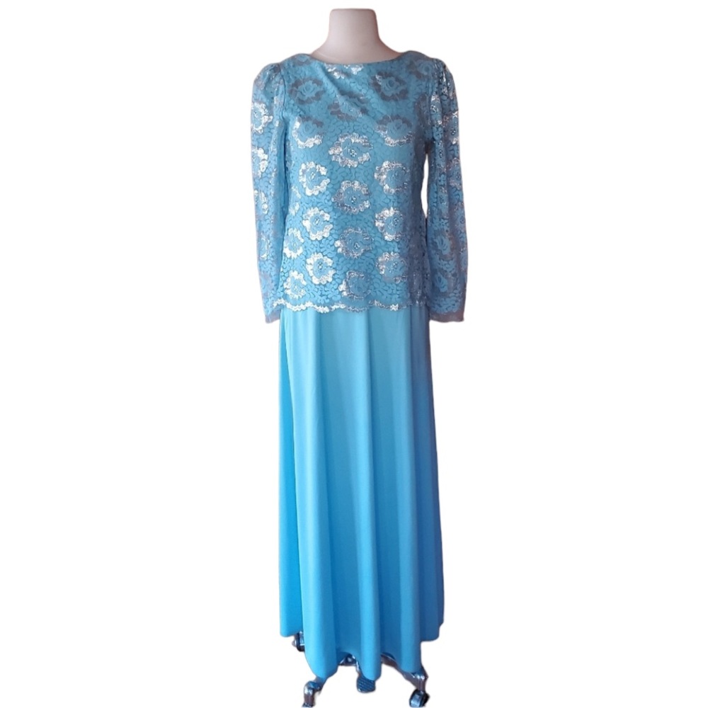 1970s Unlabeled Blue & Metallic Floral‎ Gown